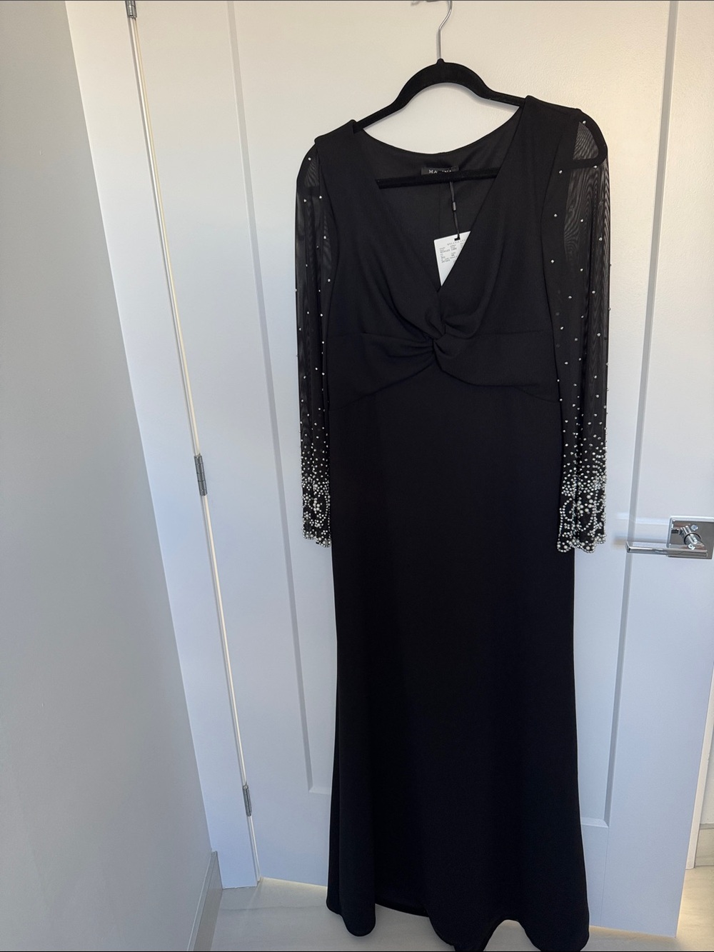MARINA Black Long-Sleeve Evening Gown with Beaded Mesh Sleeves